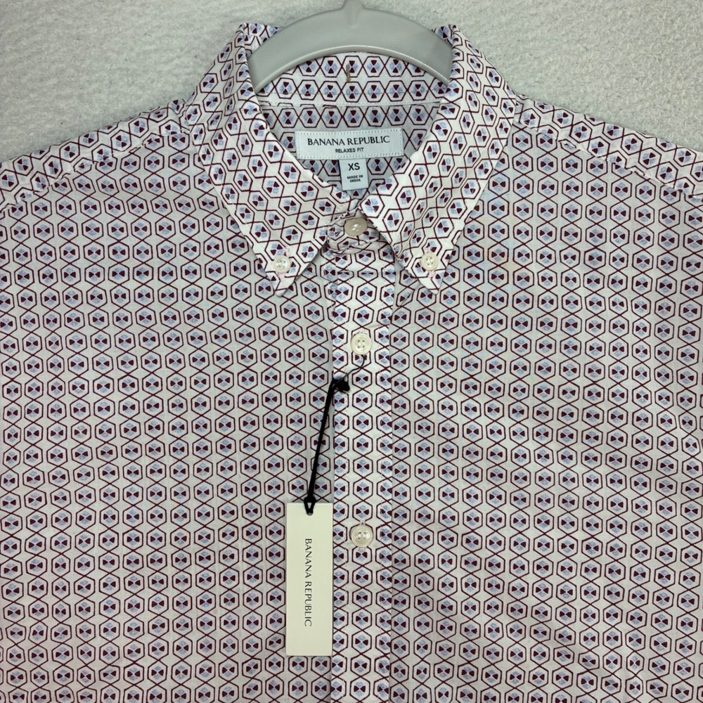 Banana Republic Button Shirt Men XS White AOP Geometric Cotton Relaxed Short NWT